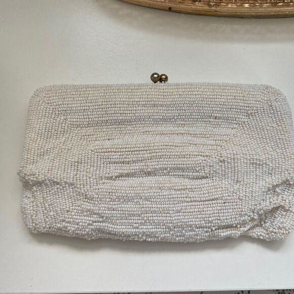 Vintage Hand Beaded Japanese Cream White Kiss Lock Pearl Clutch Bag - Picture 3 of 5